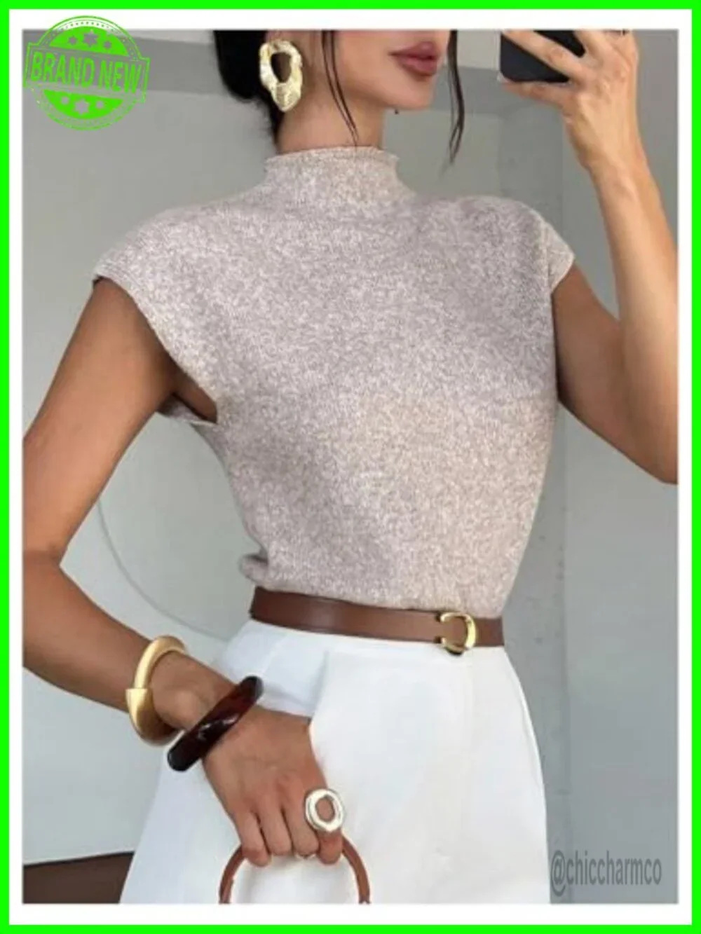 Cap Sleeve Mock Neck Sweater Vest Sleeveless Knitwear Tops